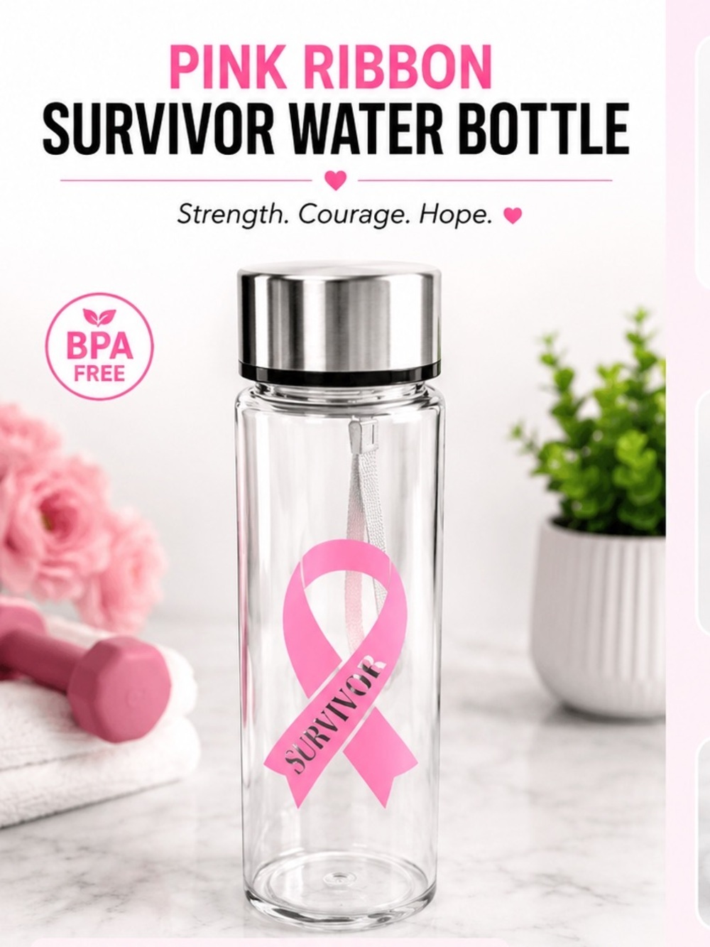 Hand Crafted Pink Survivor Ribbon Glass Water Bottle with Silver Lid